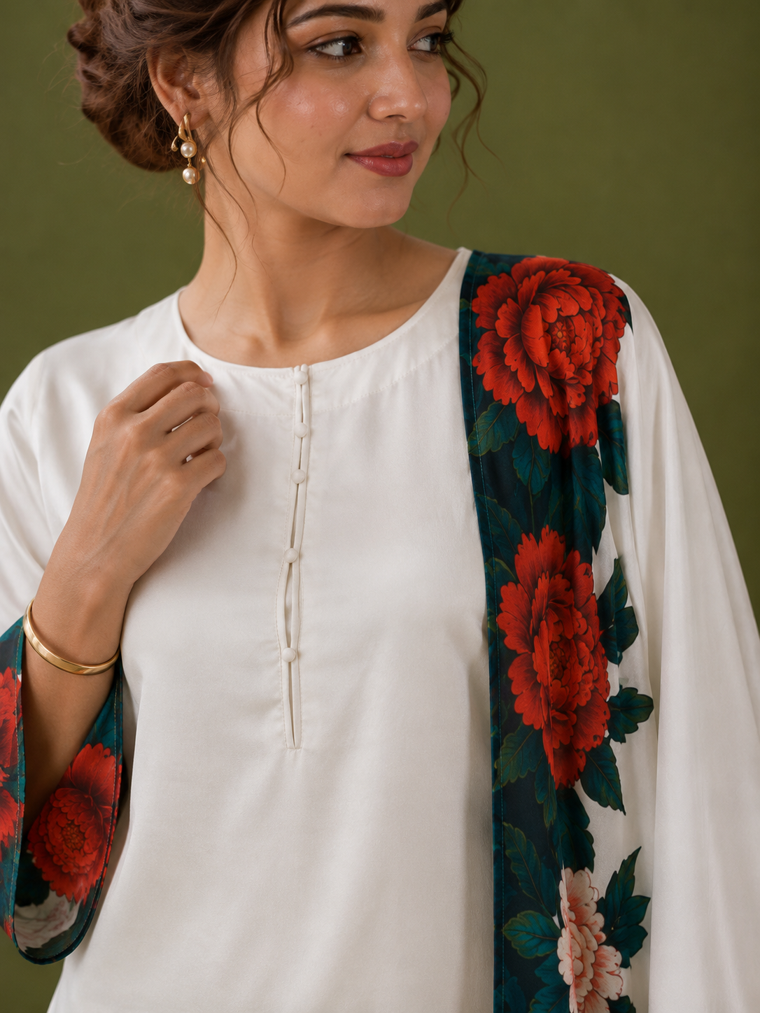 White Satin Silk Kurta Set with Floral Digital Print