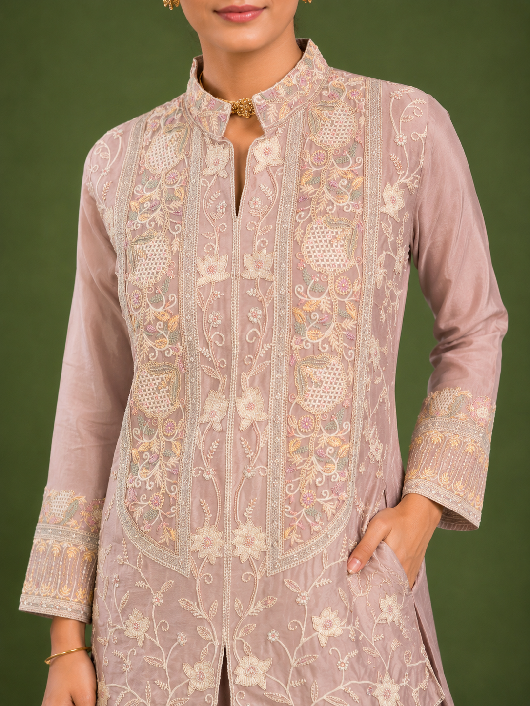 Dusty Pink Chinon Silk Cord Set with Floral Embroidery