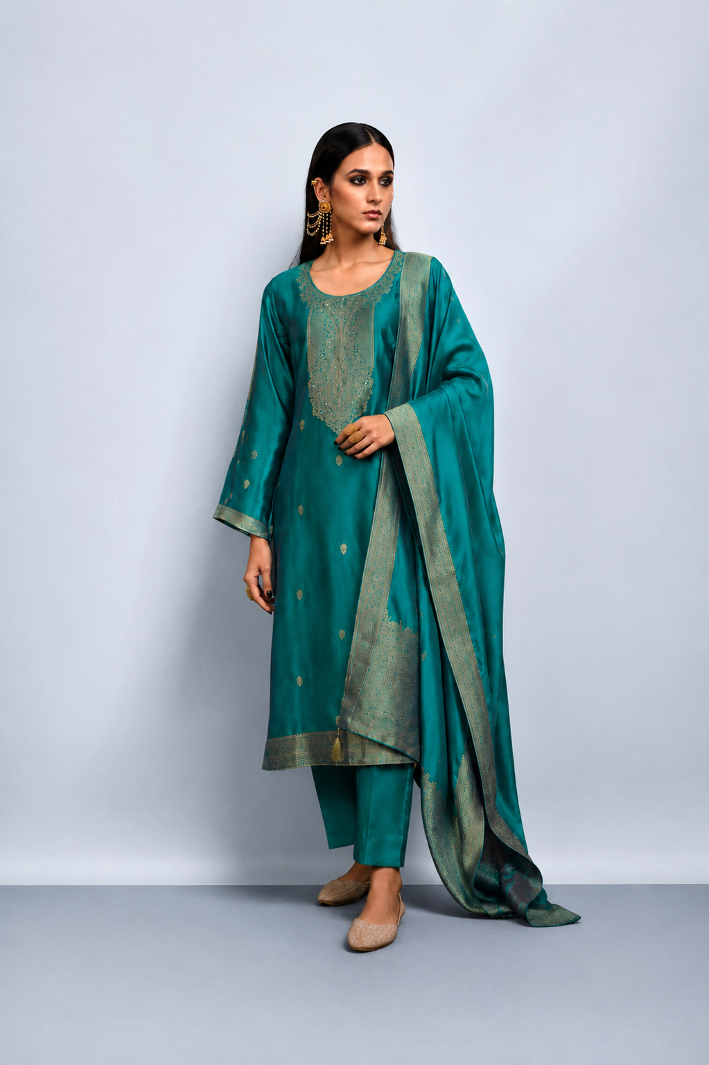Peacock Blue Viscose Woven Silk Jacquard Suit Set with Hand Work Design