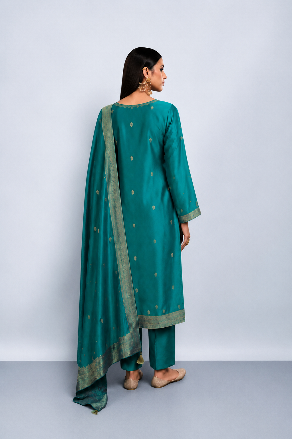 Peacock Blue Viscose Woven Silk Jacquard Suit Set with Hand Work Design