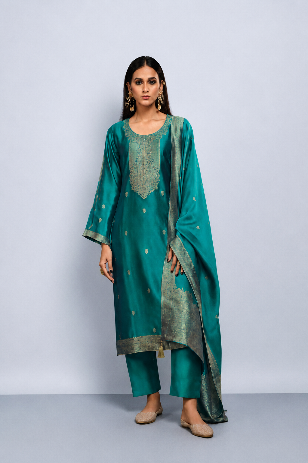 Peacock Blue Viscose Woven Silk Jacquard Suit Set with Hand Work Design