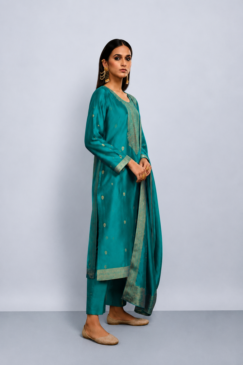 Peacock Blue Viscose Woven Silk Jacquard Suit Set with Hand Work Design