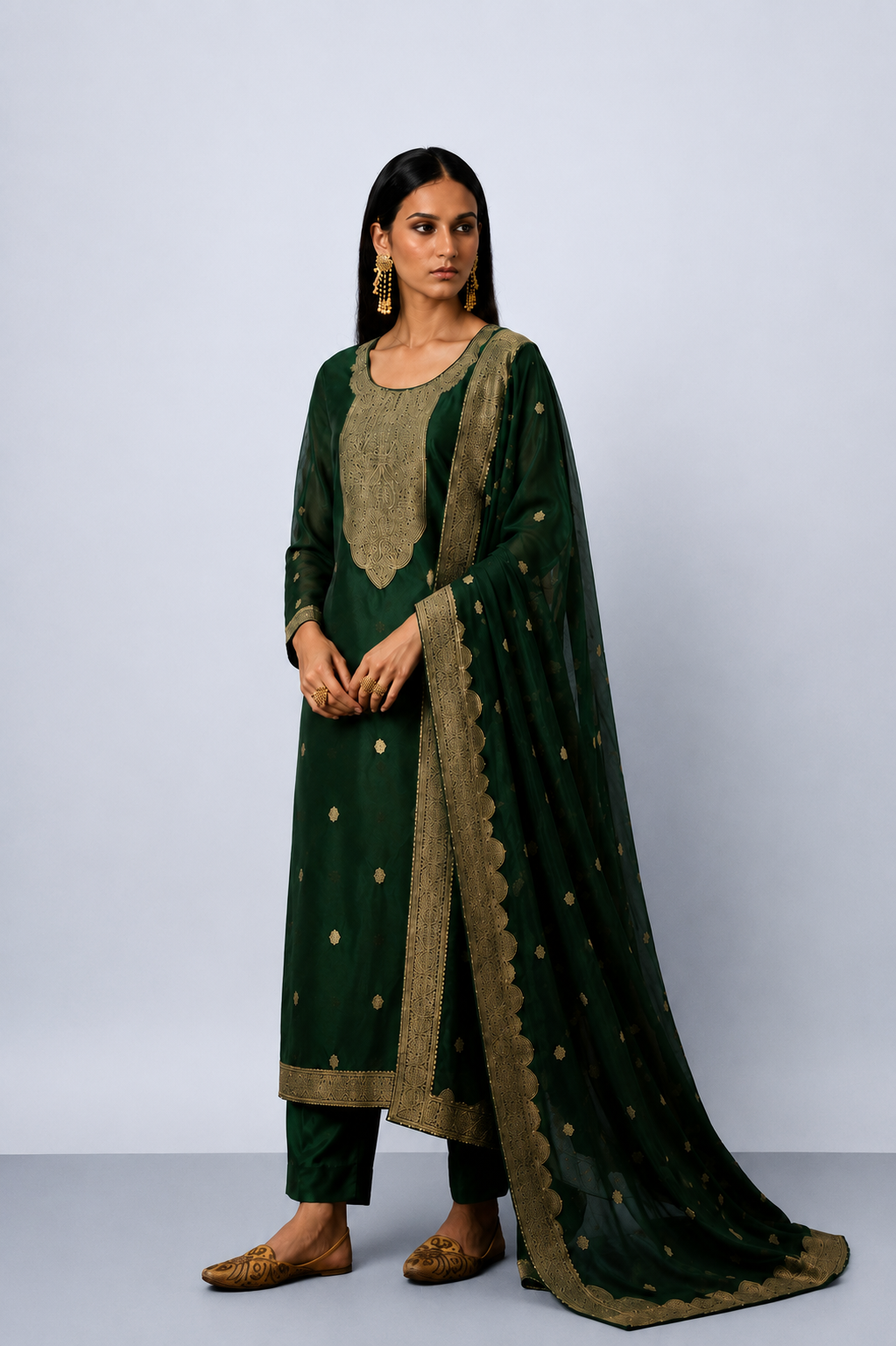 Bottle Green Premium Viscose Woven Silk Jacquard Suit Set with Hand Work Design