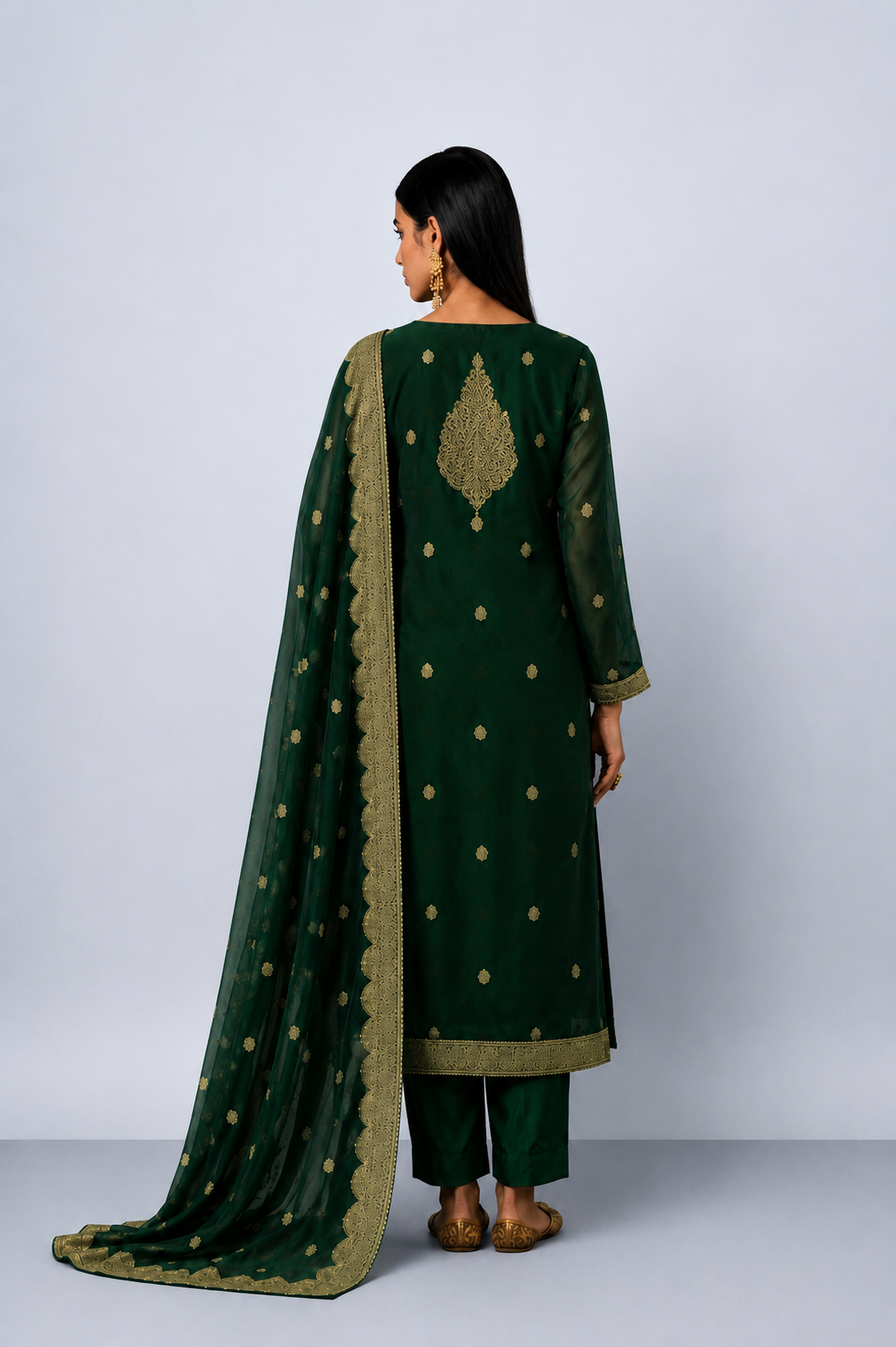 Bottle Green Premium Viscose Woven Silk Jacquard Suit Set with Hand Work Design