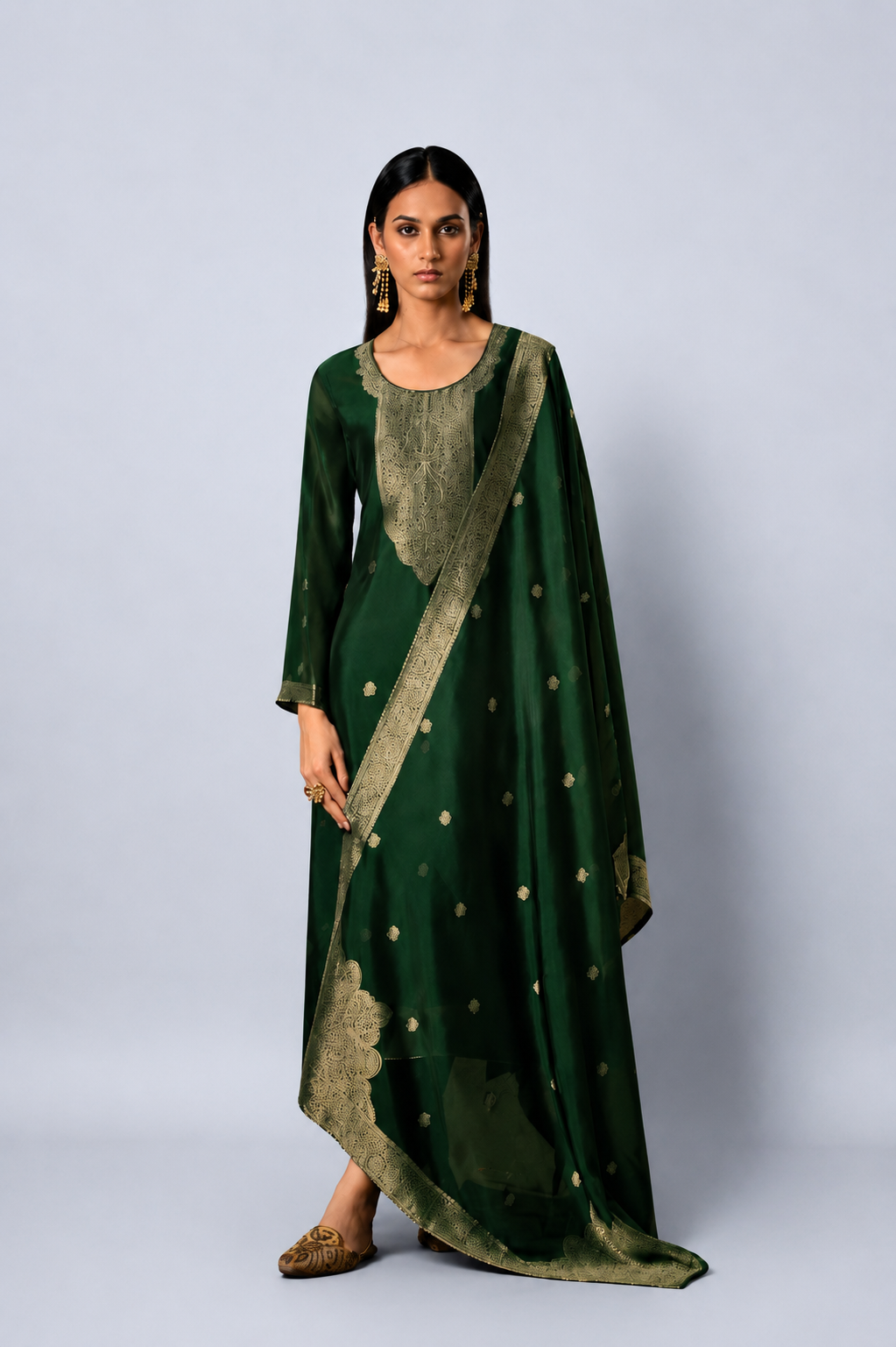 Bottle Green Premium Viscose Woven Silk Jacquard Suit Set with Hand Work Design