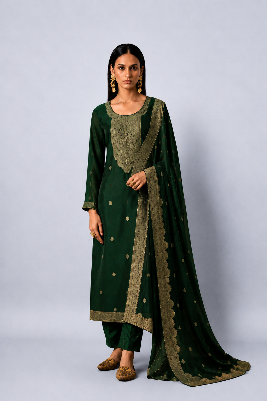 Bottle Green Premium Viscose Woven Silk Jacquard Suit Set with Hand Work Design