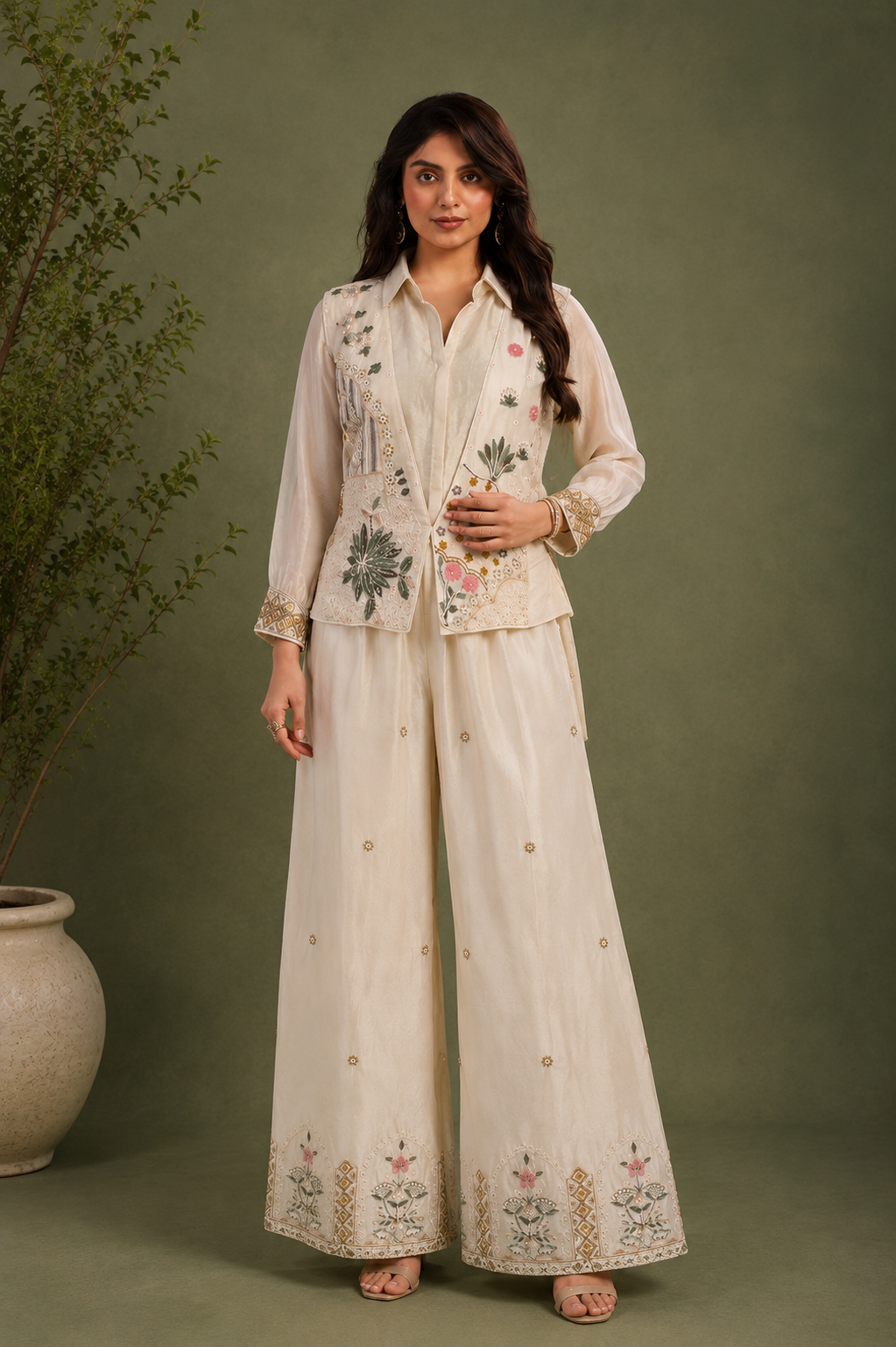 Off White Chinon Silk 3 Piece Cord Set with Hand Embroidered Jacket