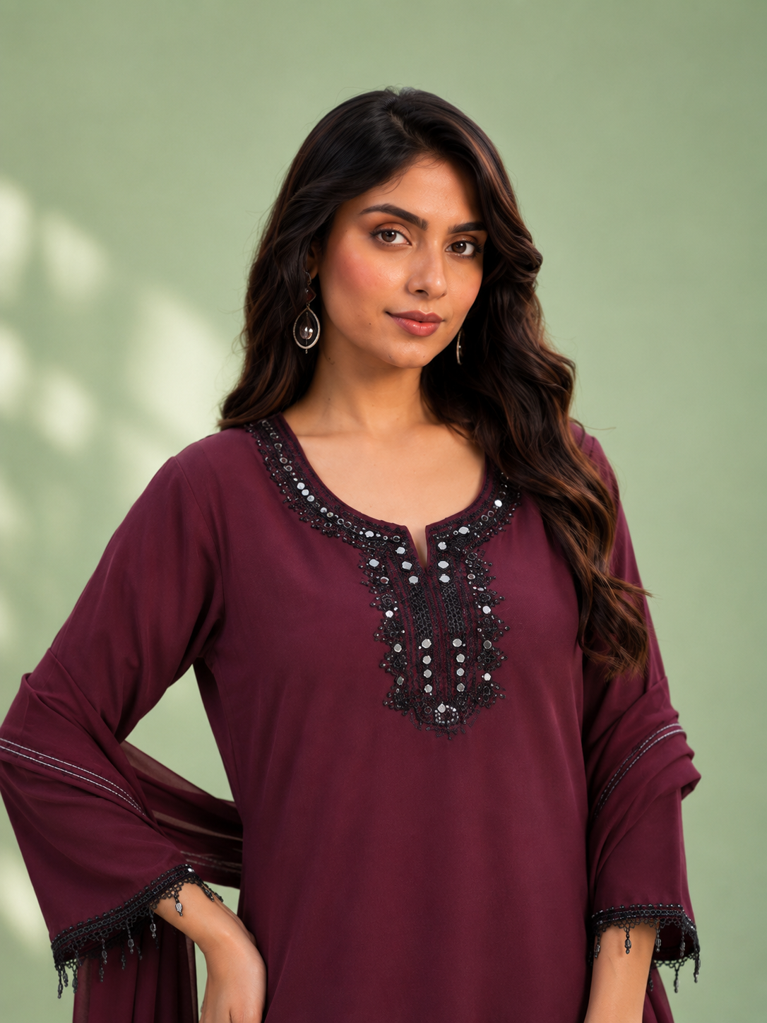 Wine Purple Silk Farsi Set with Embroidered Designer Work
