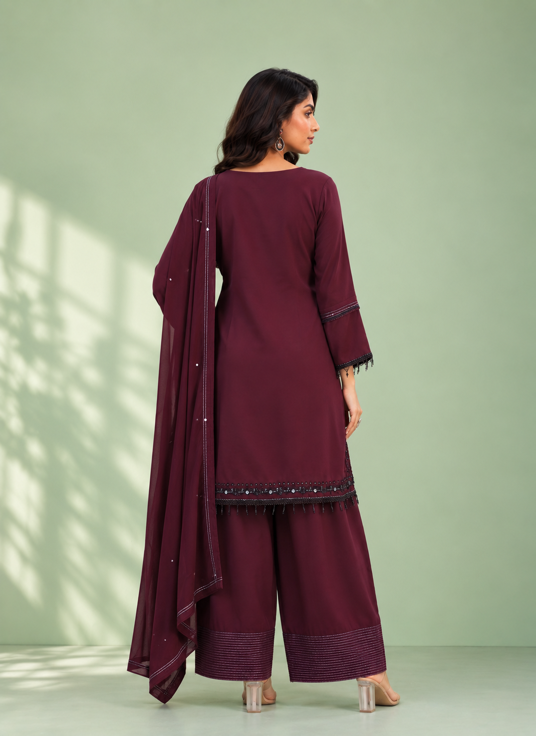Wine Purple Silk Farsi Set with Embroidered Designer Work