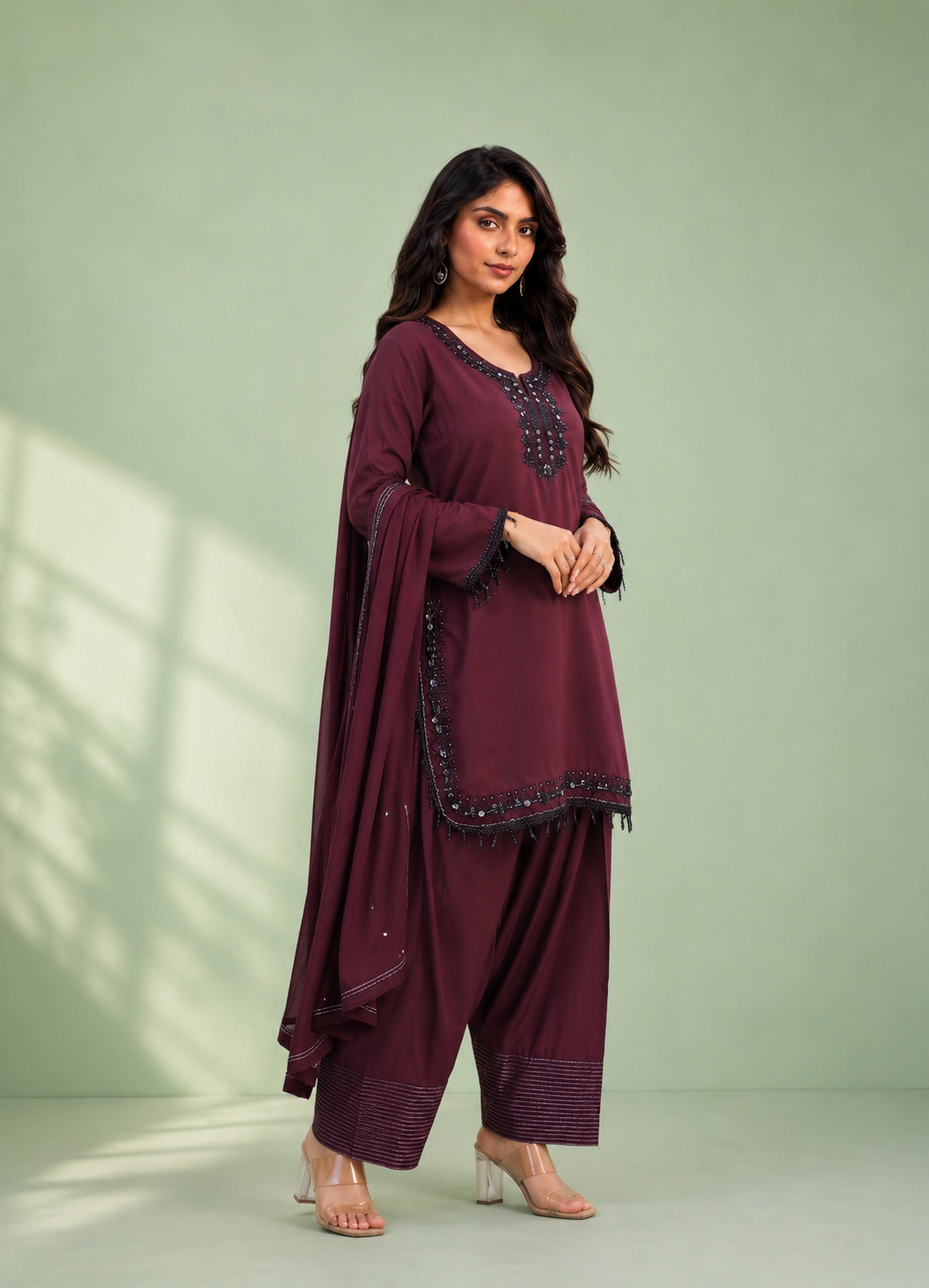 Wine Purple Silk Farsi Set with Embroidered Designer Work