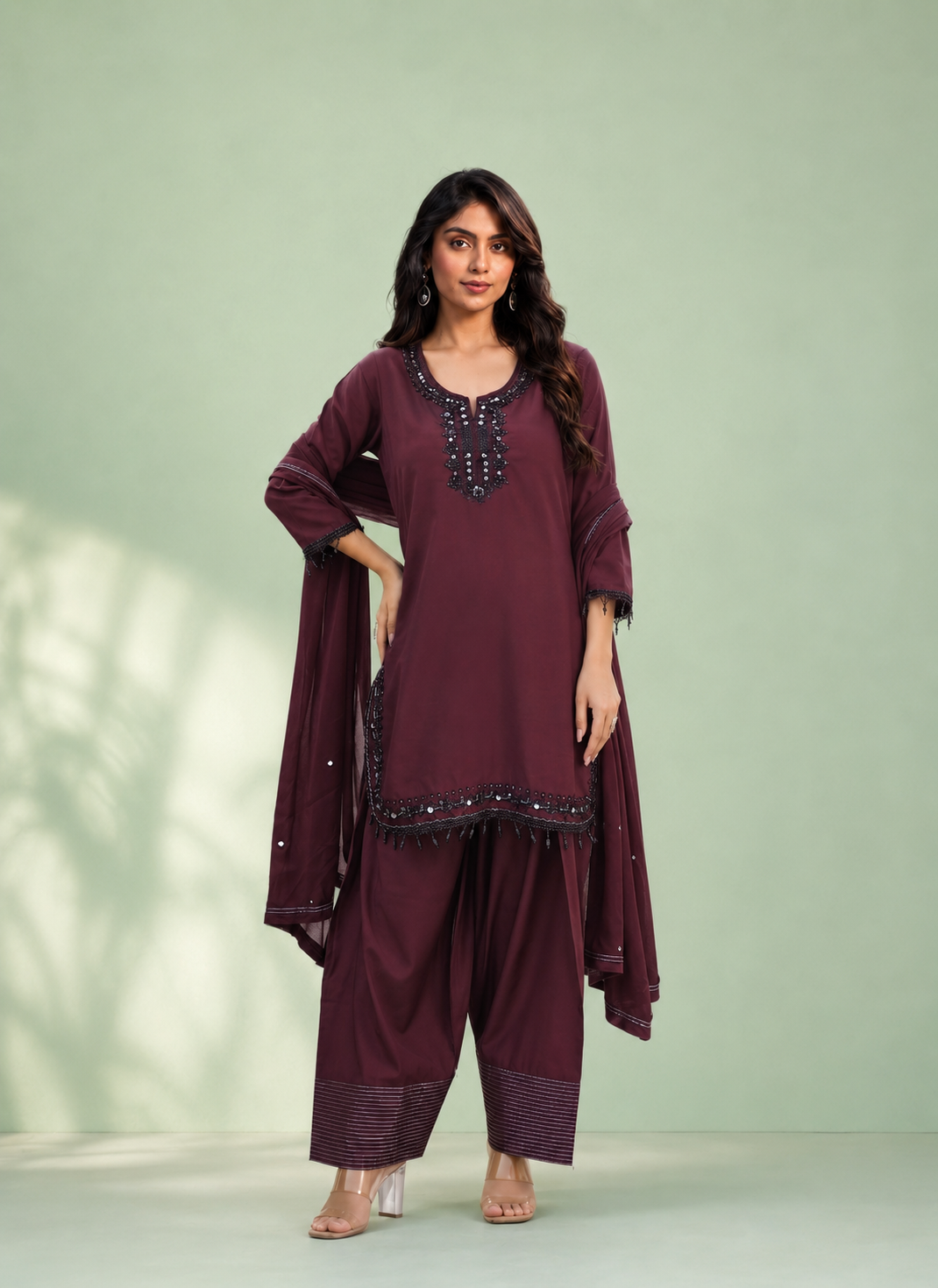 Wine Purple Silk Farsi Set with Embroidered Designer Work