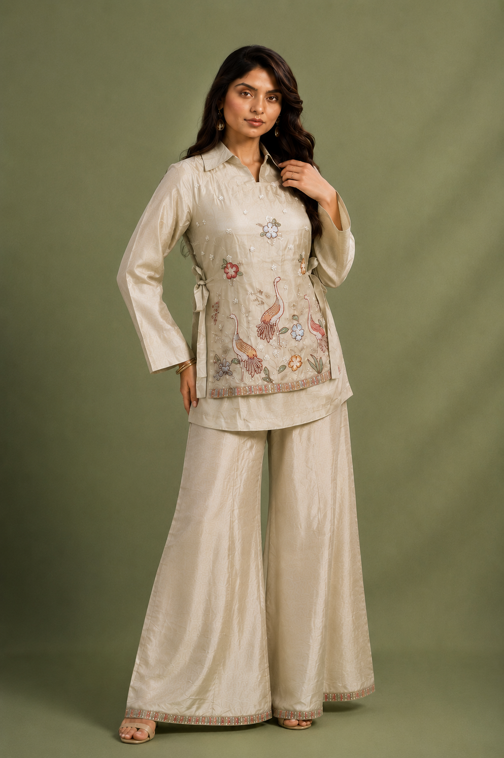 Ivory Chinon Silk 3 Piece Cord Set with Floral & Bird Embroidery
