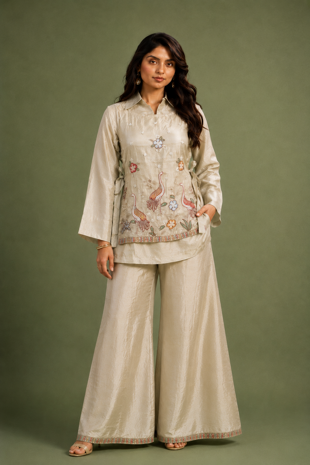 Ivory Chinon Silk 3 Piece Cord Set with Floral & Bird Embroidery