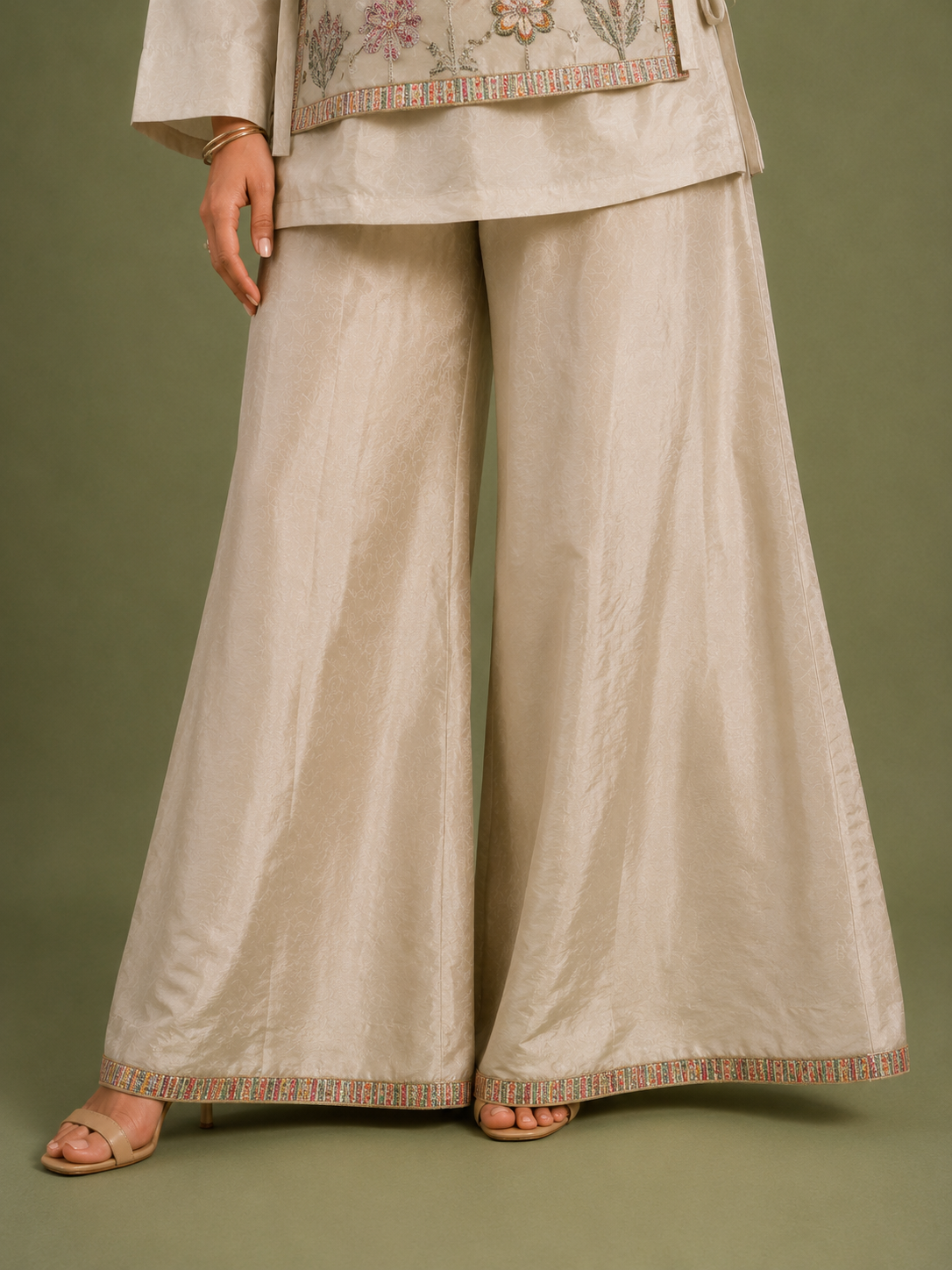 Ivory Chinon Silk 3 Piece Cord Set with Floral & Bird Embroidery