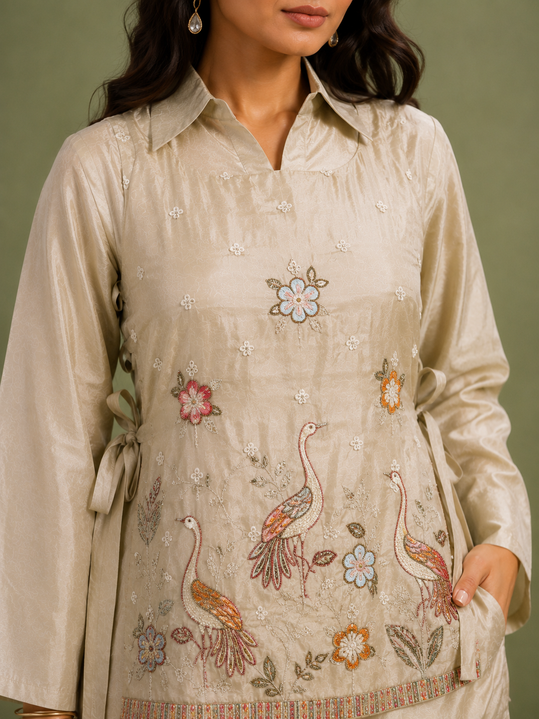 Ivory Chinon Silk 3 Piece Cord Set with Floral & Bird Embroidery