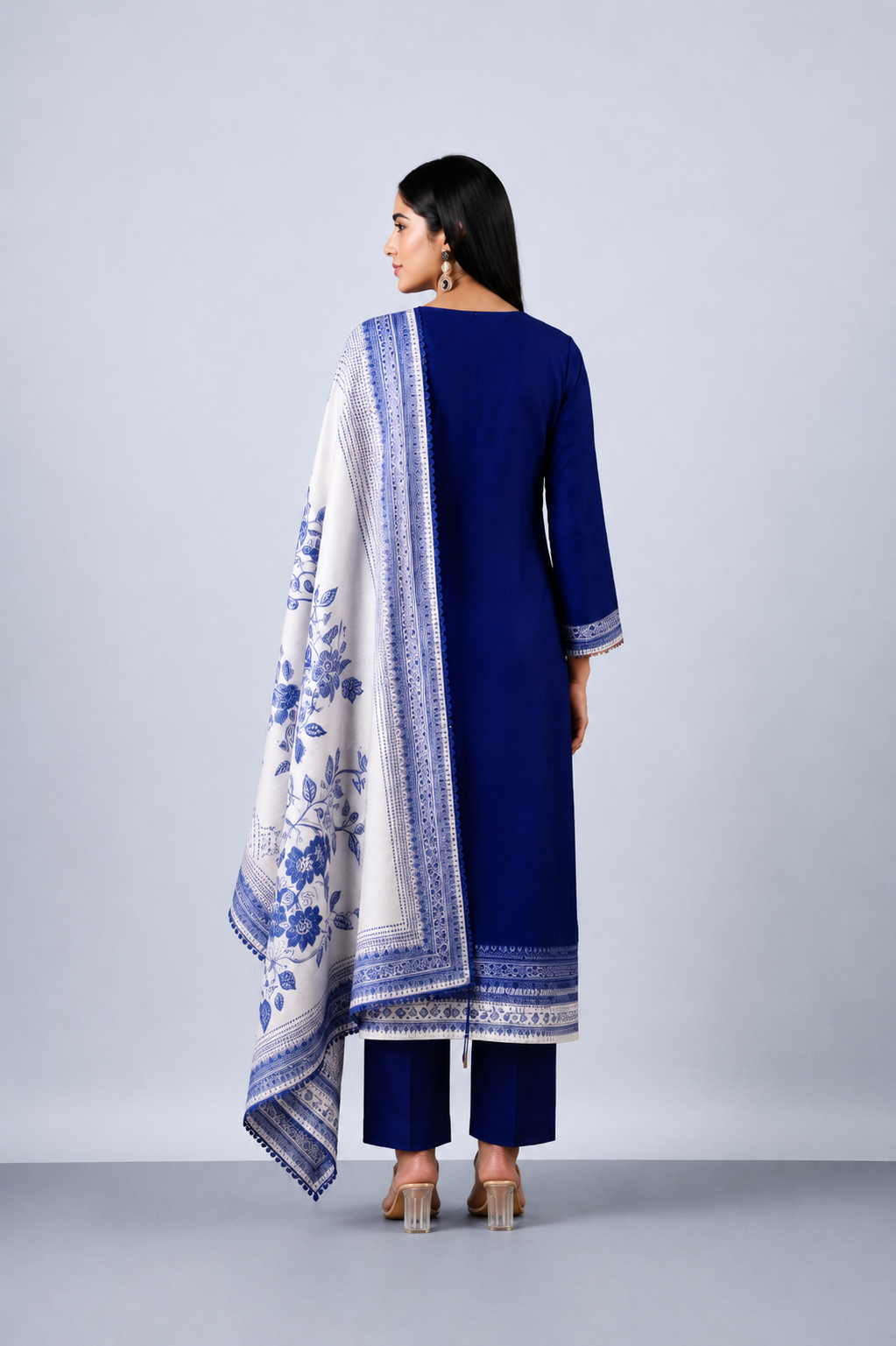 Royal Blue Pure Bemberg Banarasi Jamdani Suit Set with Crochet Lace Design