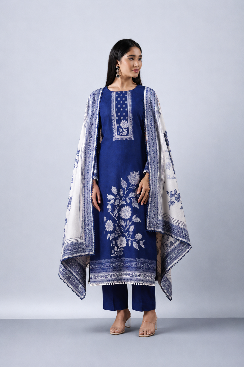 Royal Blue Pure Bemberg Banarasi Jamdani Suit Set with Crochet Lace Design
