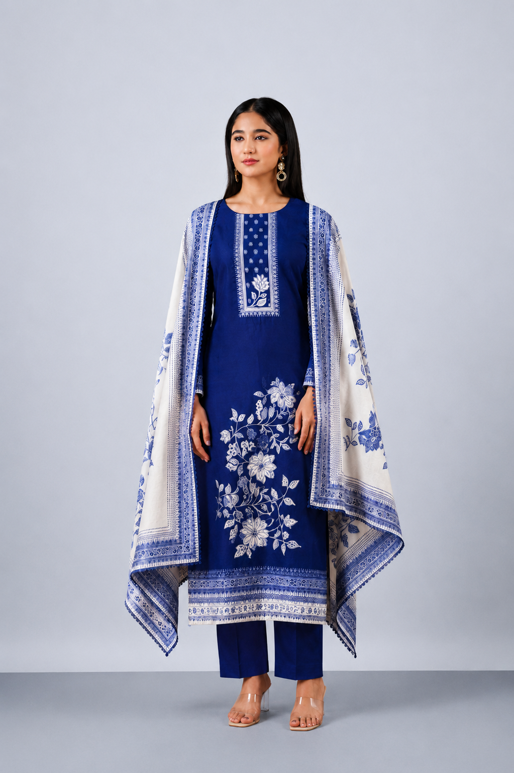 Royal Blue Pure Bemberg Banarasi Jamdani Suit Set with Crochet Lace Design