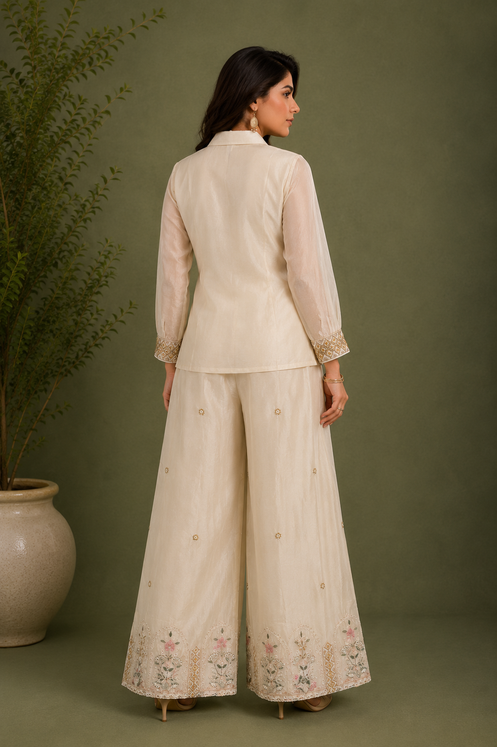 Off White Chinon Silk 3 Piece Cord Set with Hand Embroidered Jacket