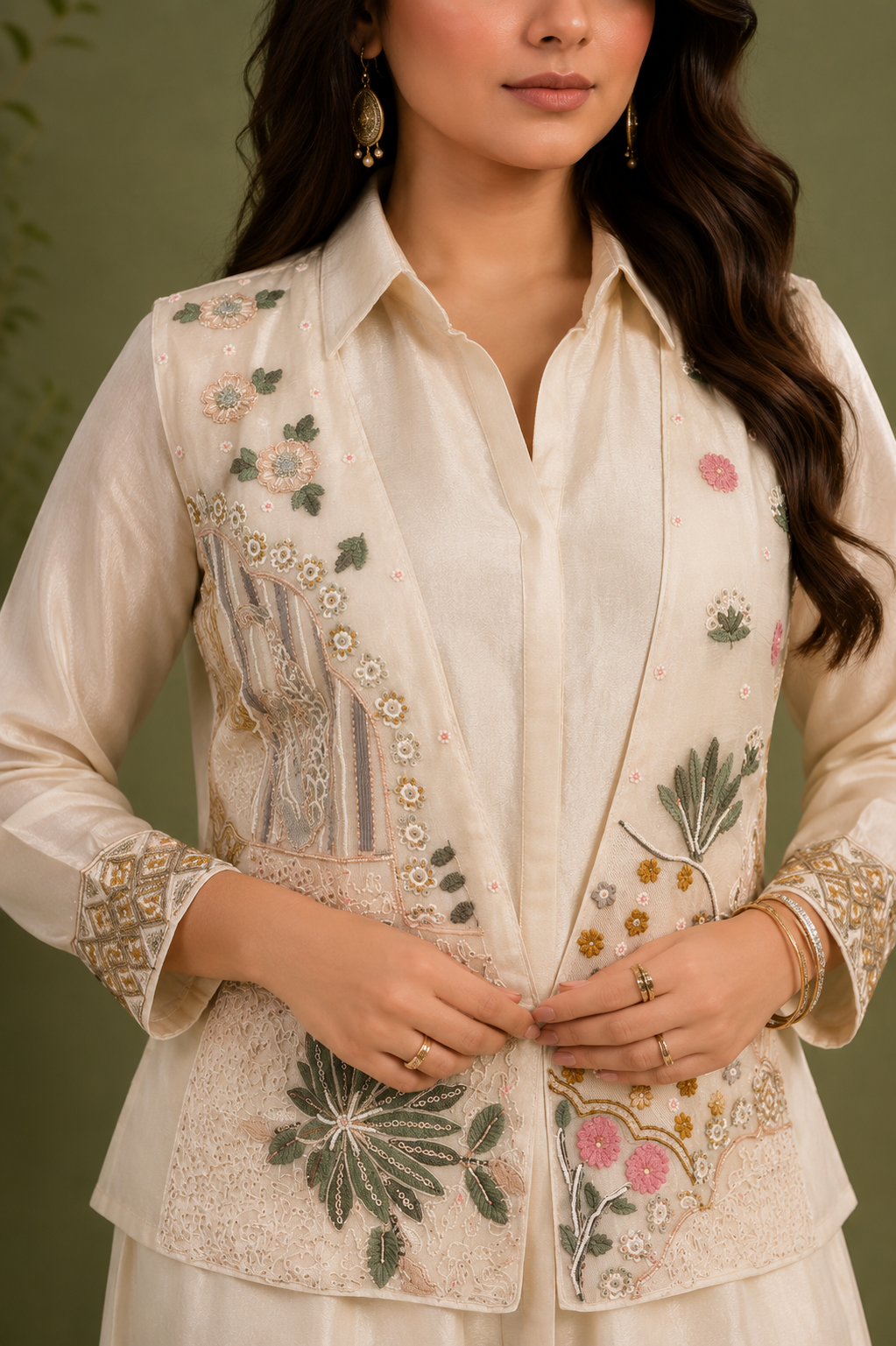 Off White Chinon Silk 3 Piece Cord Set with Hand Embroidered Jacket