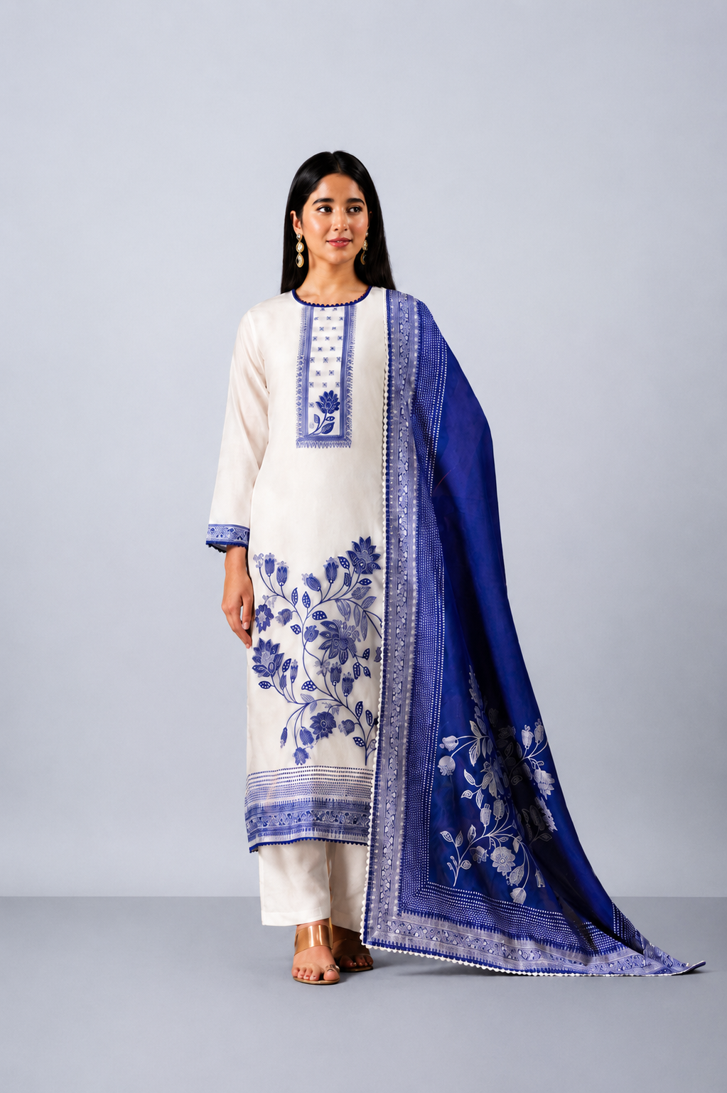 White Pure Bemberg Banarasi Jamdani Suit Set with Crochet Lace Design