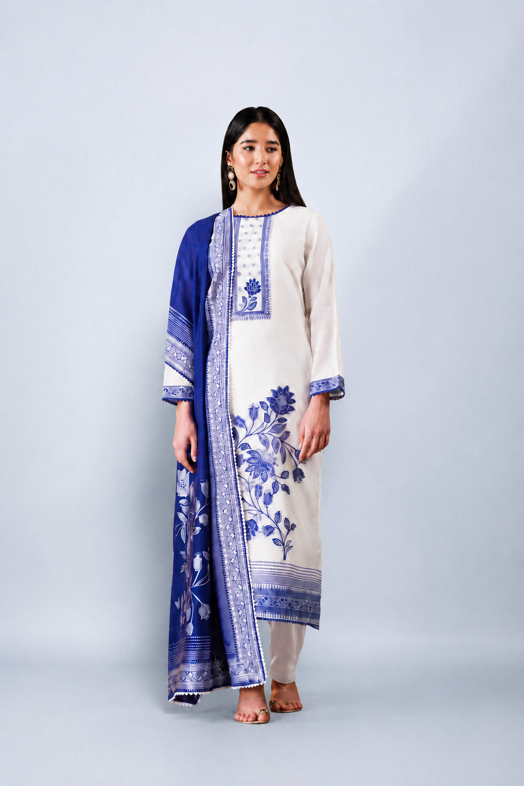 White Pure Bemberg Banarasi Jamdani Suit Set with Crochet Lace Design