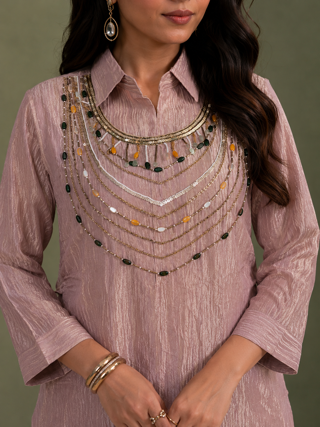 Dusty Pink Chinon Silk 3 Piece Cord Set with Bead & Sequin Work