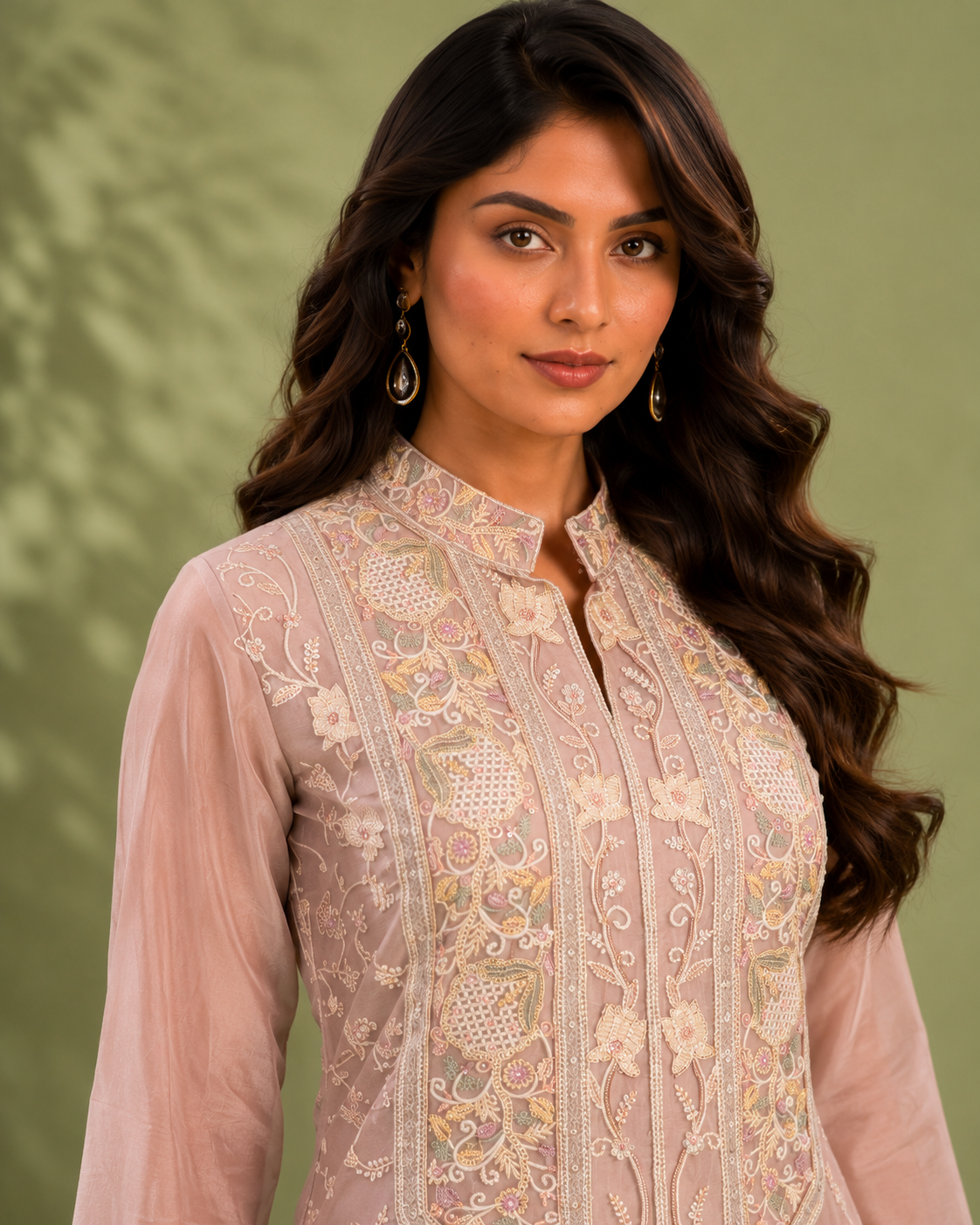 Dusty Pink Chinon Silk Cord Set with Floral Embroidery