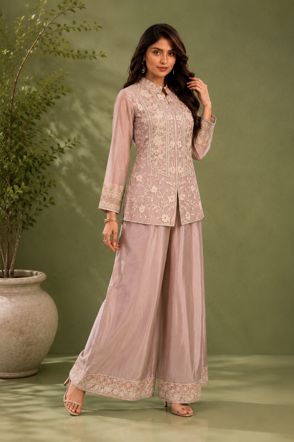 Dusty Pink Chinon Silk Cord Set with Floral Embroidery
