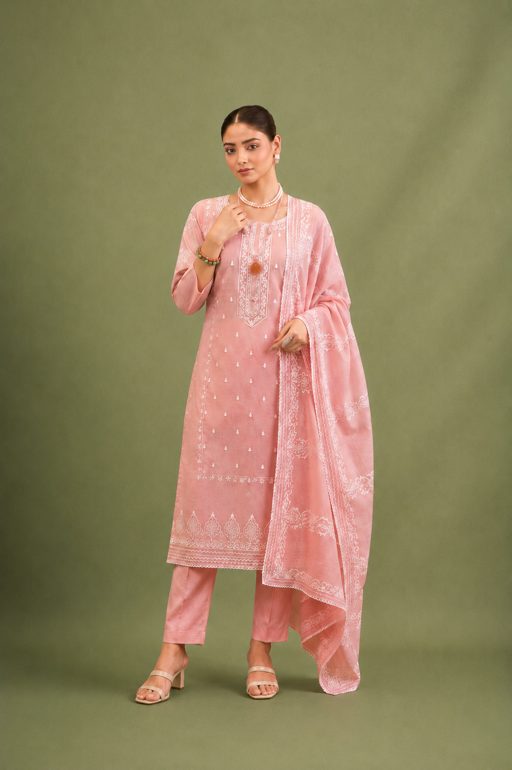 Blush Pink Pure Mal Cotton Suit Set with Laser Cut Work Design