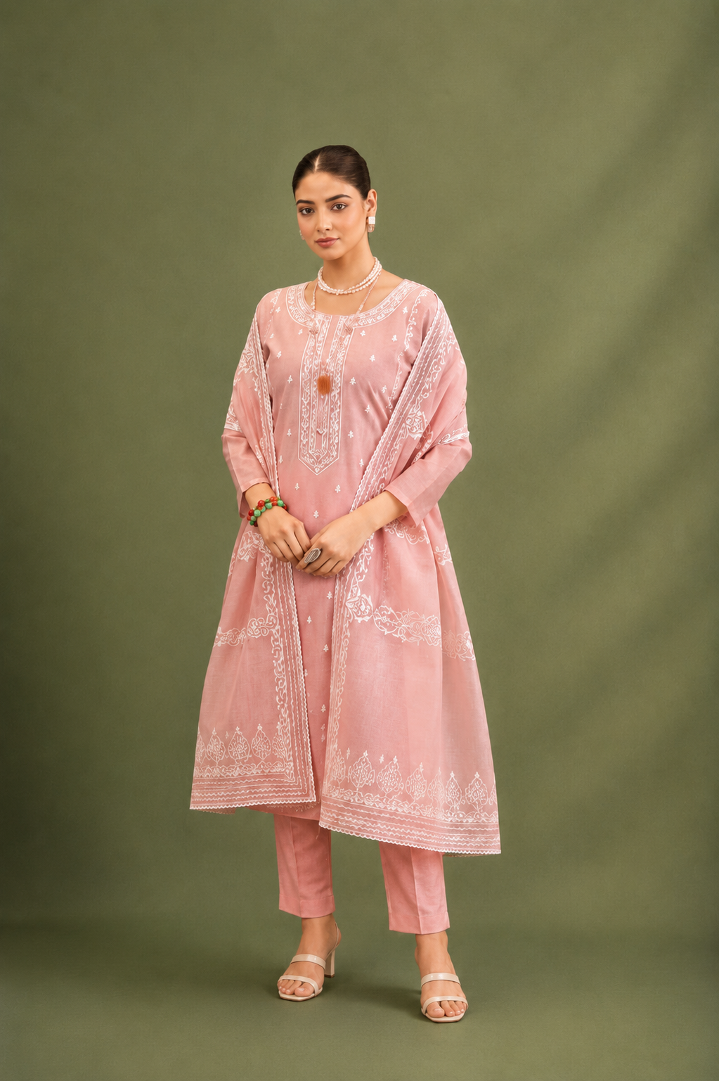 Blush Pink Pure Mal Cotton Suit Set with Laser Cut Work Design