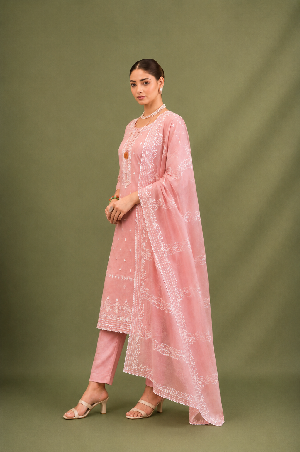 Blush Pink Pure Mal Cotton Suit Set with Laser Cut Work Design