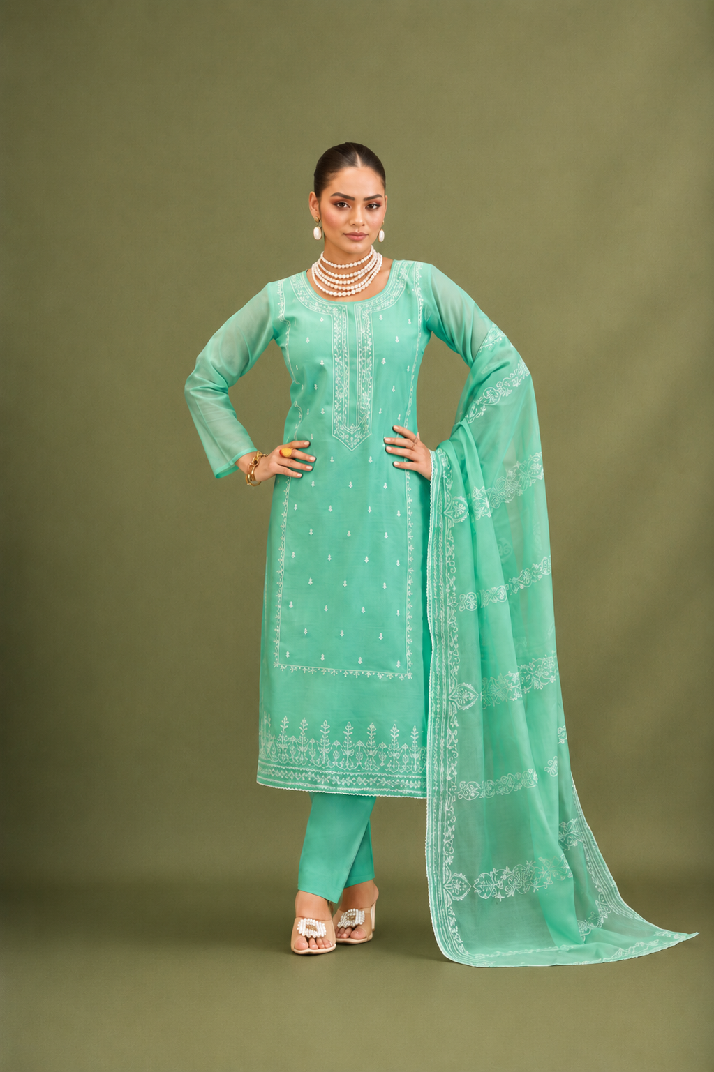 Mint Green Pure Mal Cotton Suit Set with Laser Cut Work Design
