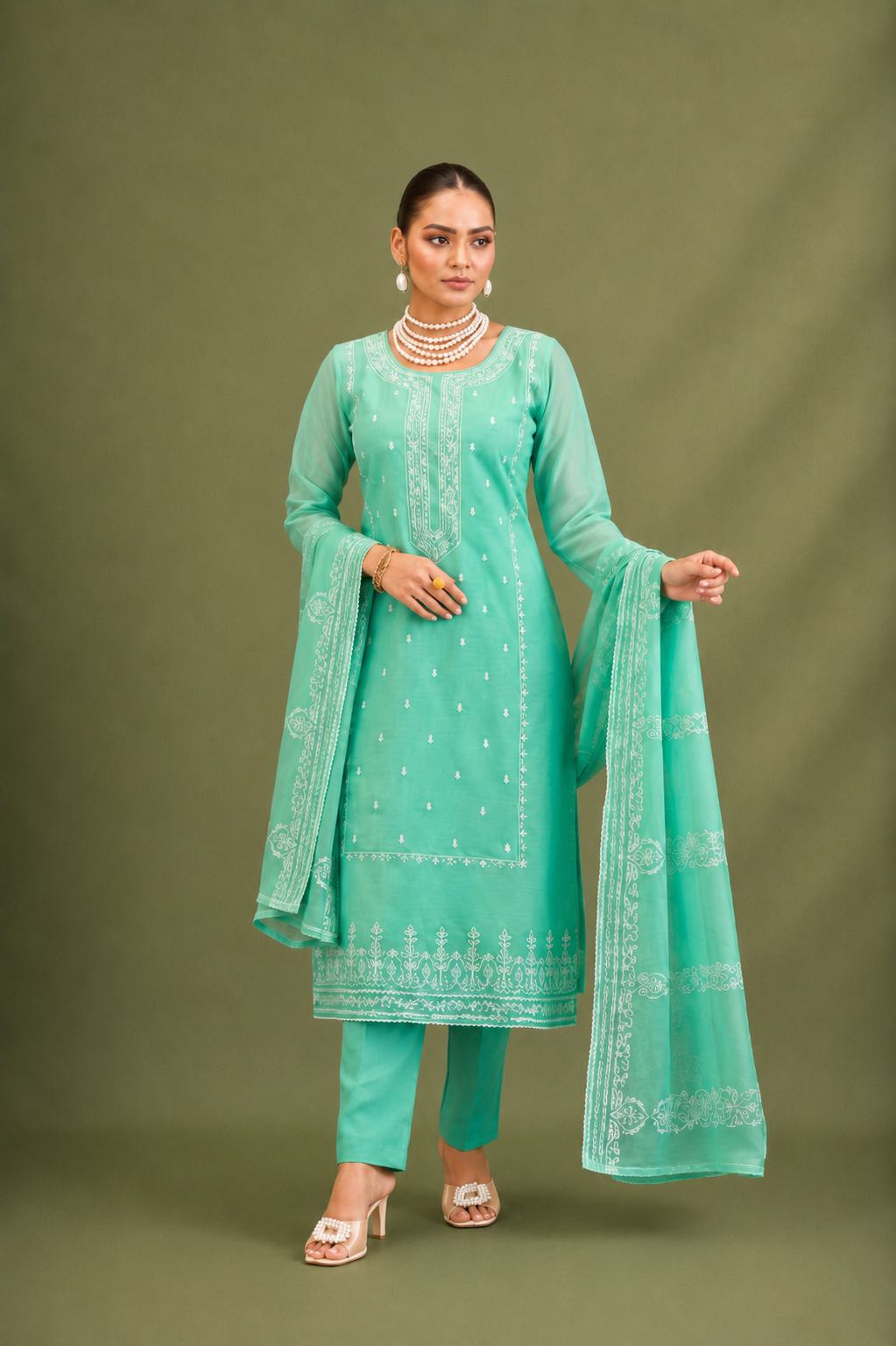 Mint Green Pure Mal Cotton Suit Set with Laser Cut Work Design