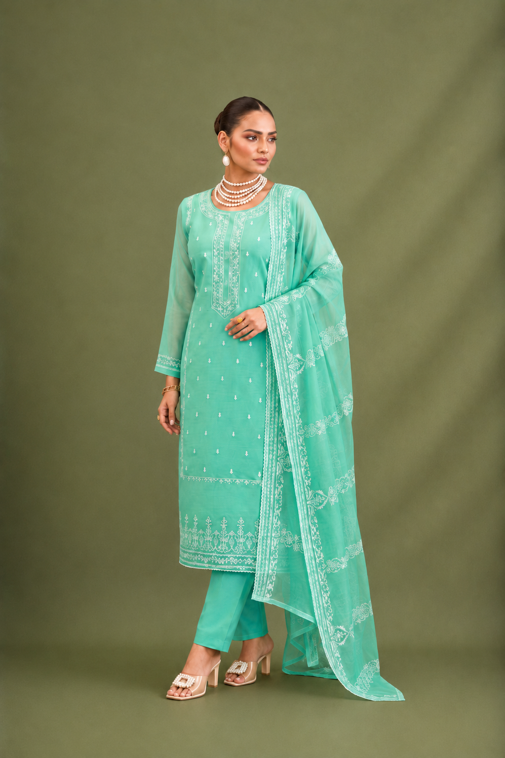 Mint Green Pure Mal Cotton Suit Set with Laser Cut Work Design