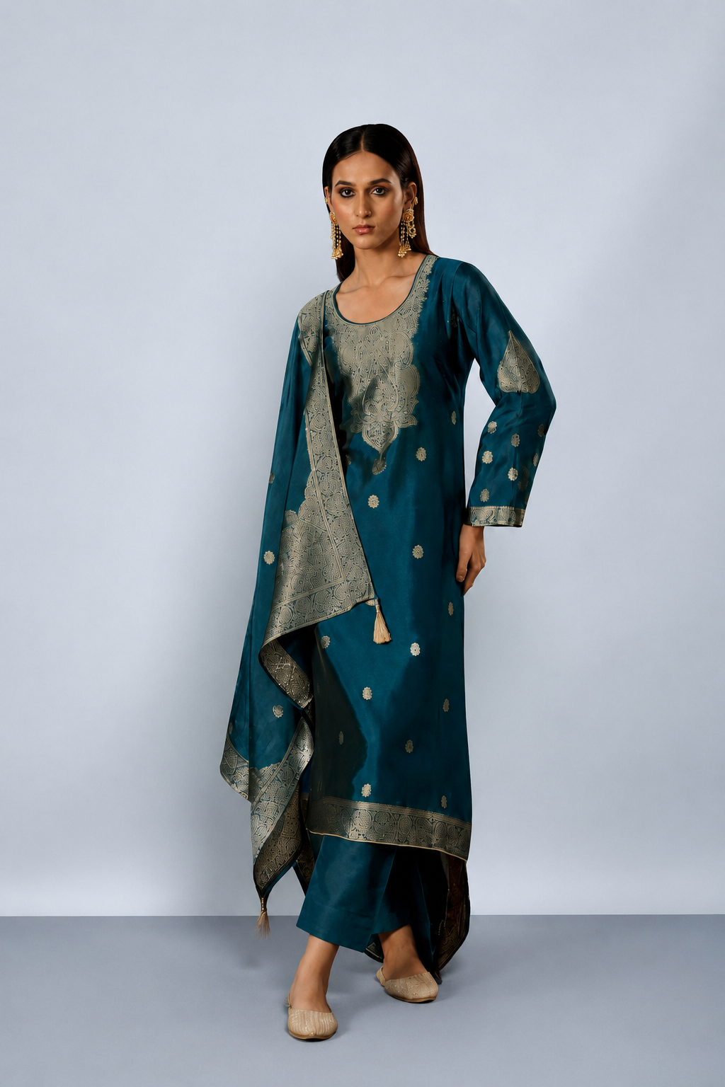 Turquoise Blue Premium Viscose Woven Silk Jacquard Suit Set with Hand Work Design