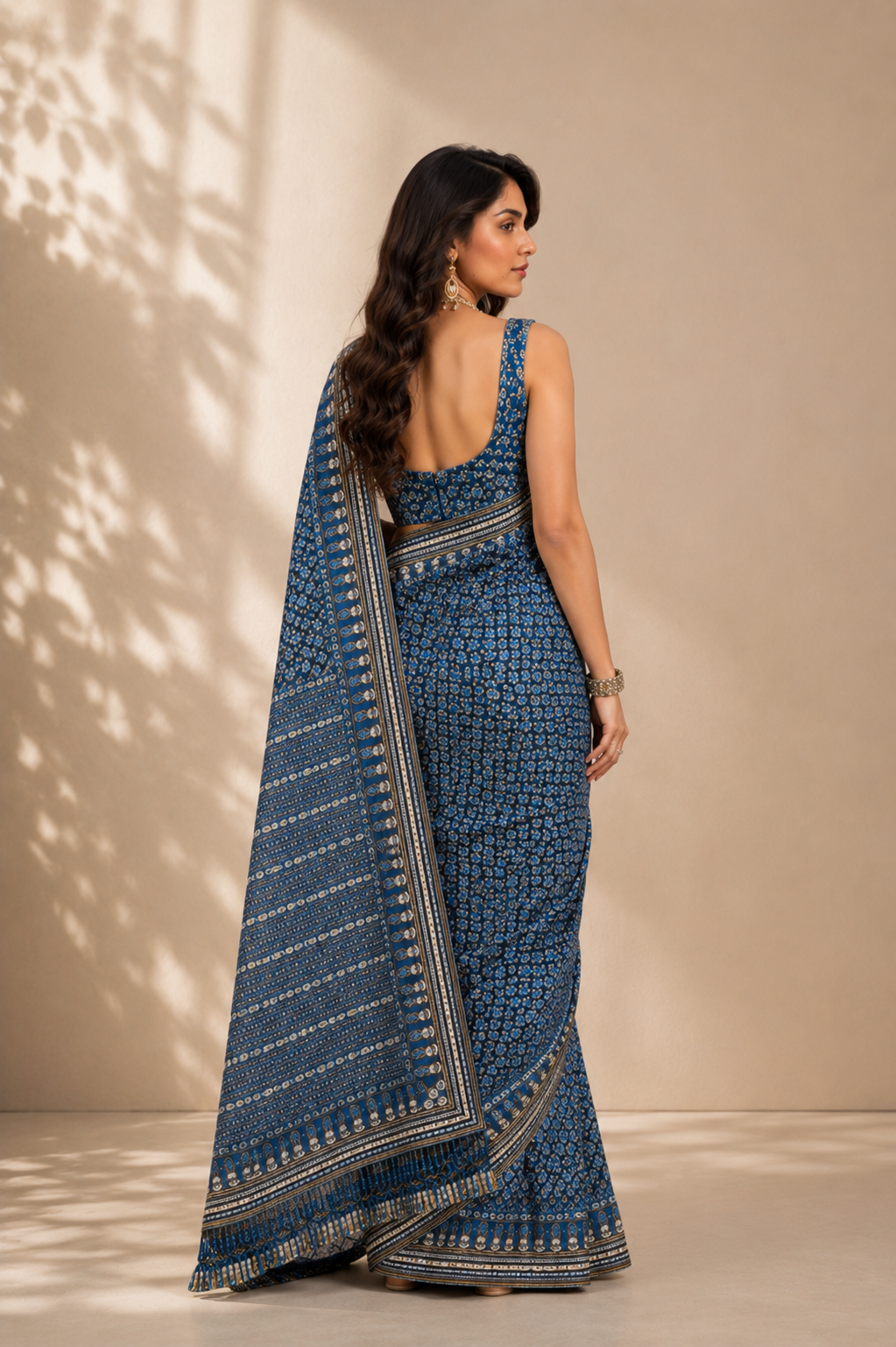 Navy Blue Georgette Saree with Bandhani Print & Traditional Printed Border