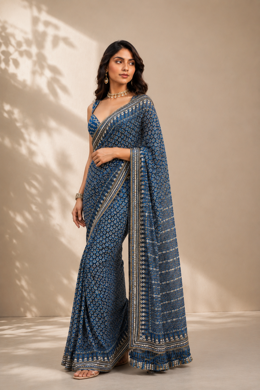 Navy Blue Georgette Saree with Bandhani Print & Traditional Printed Border