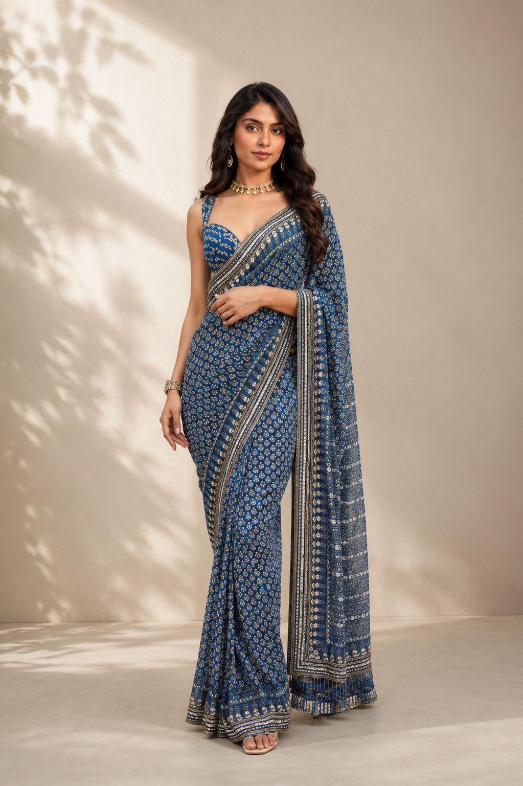 Navy Blue Georgette Saree with Bandhani Print & Traditional Printed Border