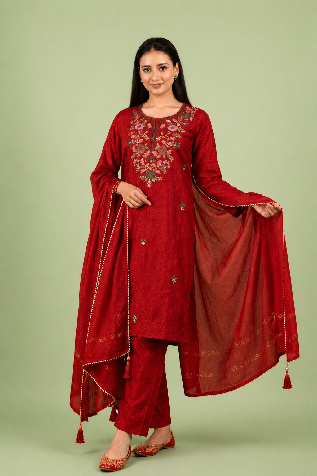 Crimson Silk Kurta Set with Multicolor Floral Embroidery & Thread Work Detailing