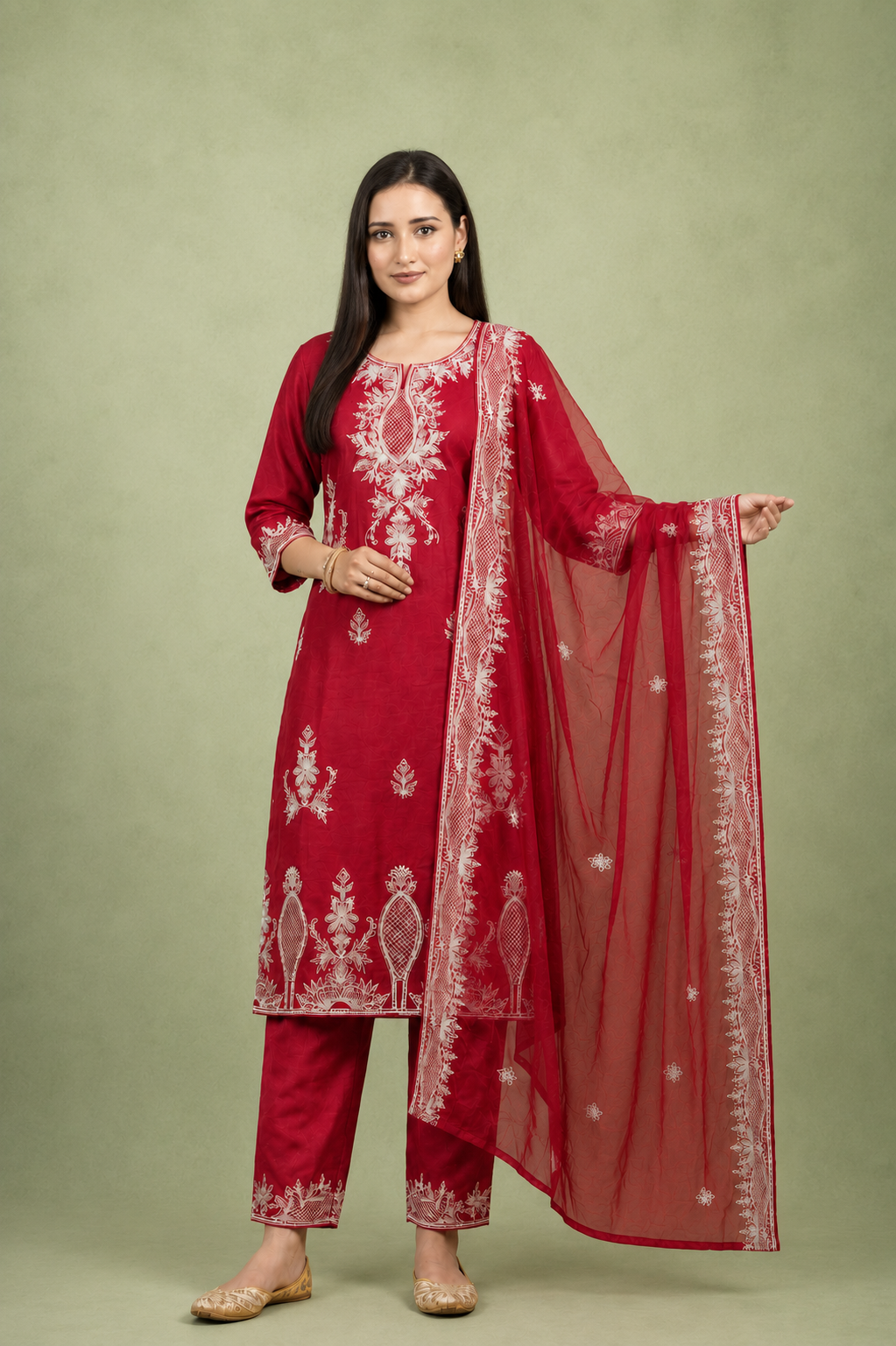 Red Silk Kurta Set with White Lucknowi Embroidery & Intricate Thread Work