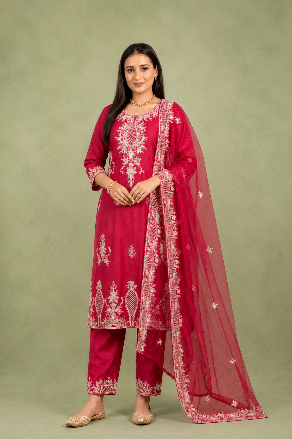 Red Silk Kurta Set with White Lucknowi Embroidery & Intricate Thread Work