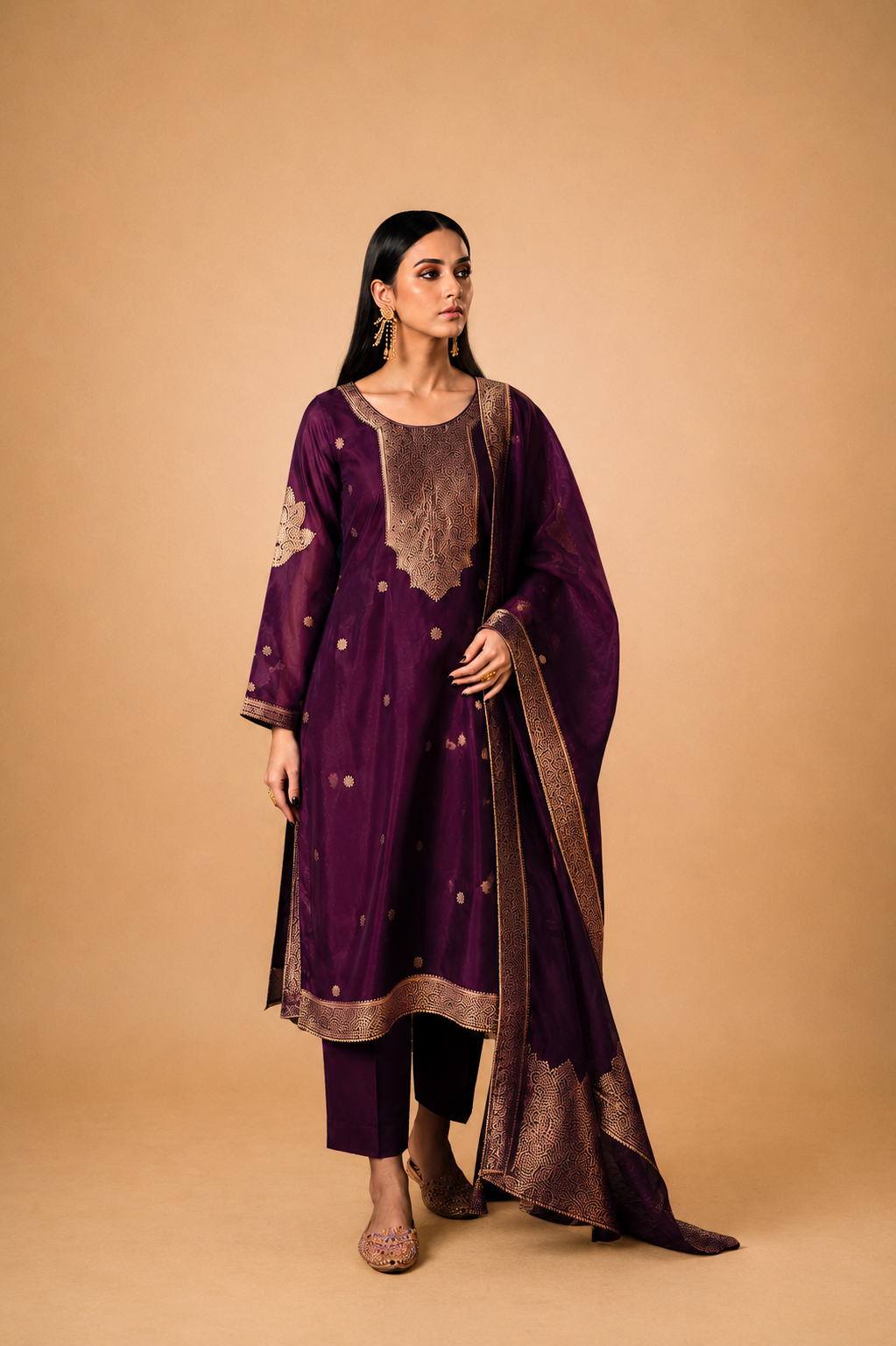 Wine Purple Premium Viscose Woven Silk Jacquard Suit Set with Hand Work Design