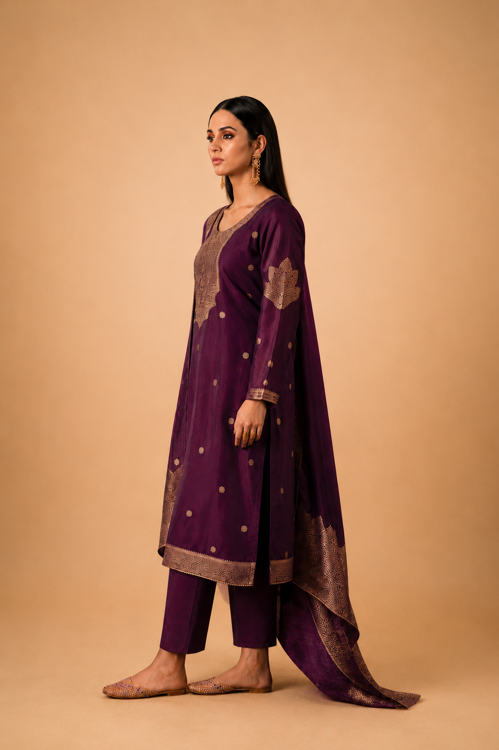 Wine Purple Premium Viscose Woven Silk Jacquard Suit Set with Hand Work Design