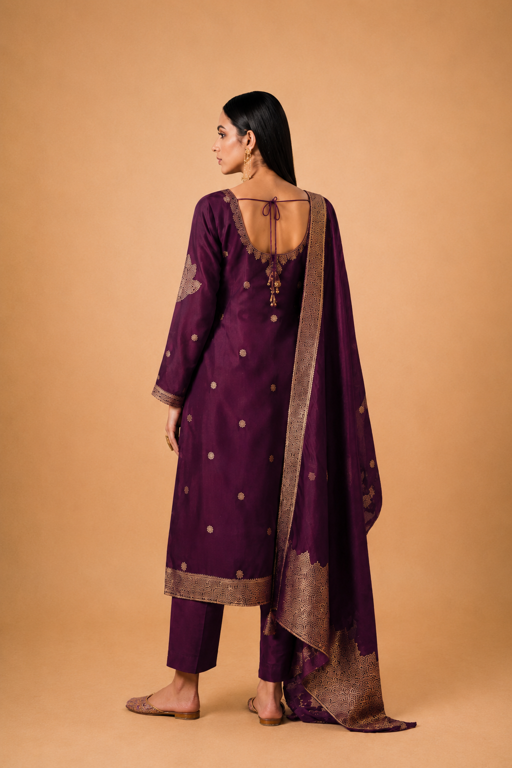 Wine Purple Premium Viscose Woven Silk Jacquard Suit Set with Hand Work Design