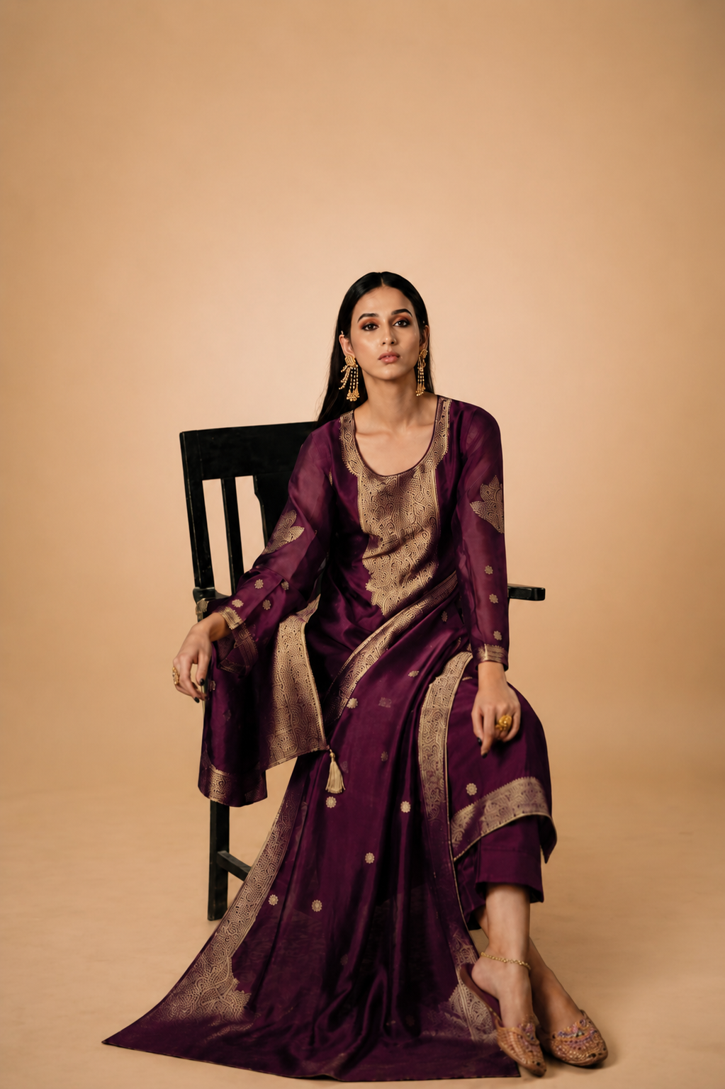 Wine Purple Premium Viscose Woven Silk Jacquard Suit Set with Hand Work Design