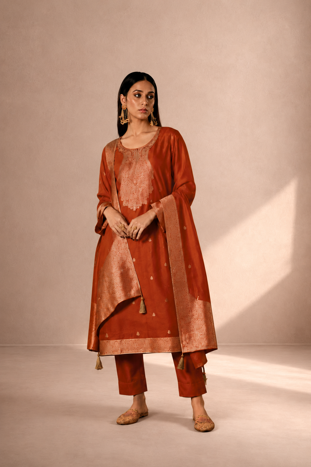 Rust Orange Premium Viscose Woven Silk Jacquard Suit Set with Hand Work Design