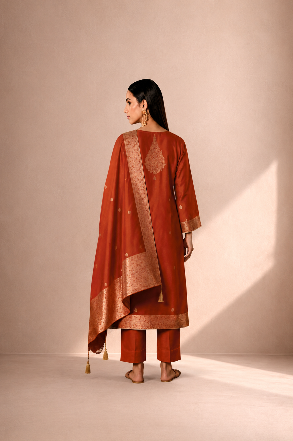 Rust Orange Premium Viscose Woven Silk Jacquard Suit Set with Hand Work Design