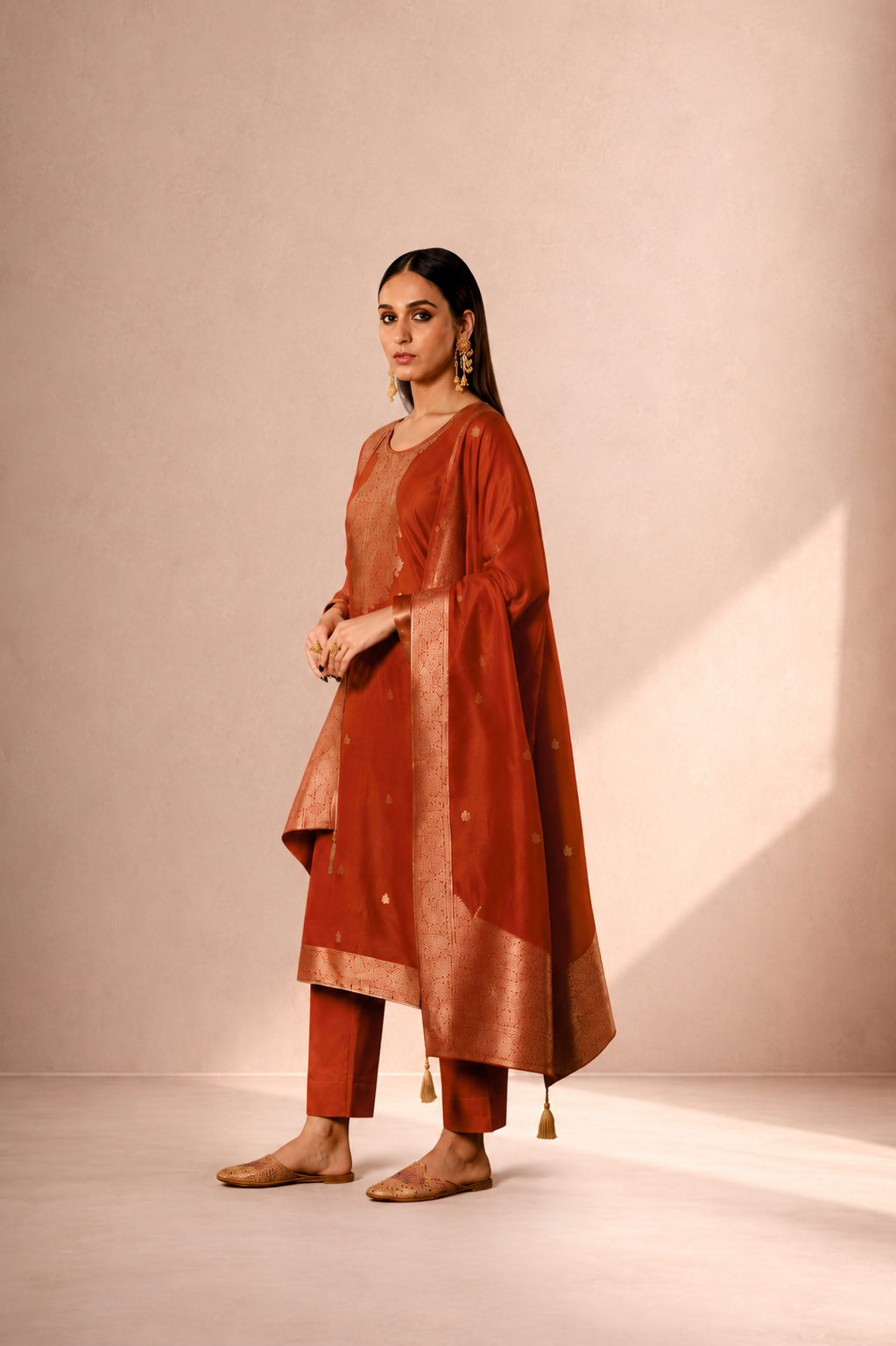 Rust Orange Premium Viscose Woven Silk Jacquard Suit Set with Hand Work Design