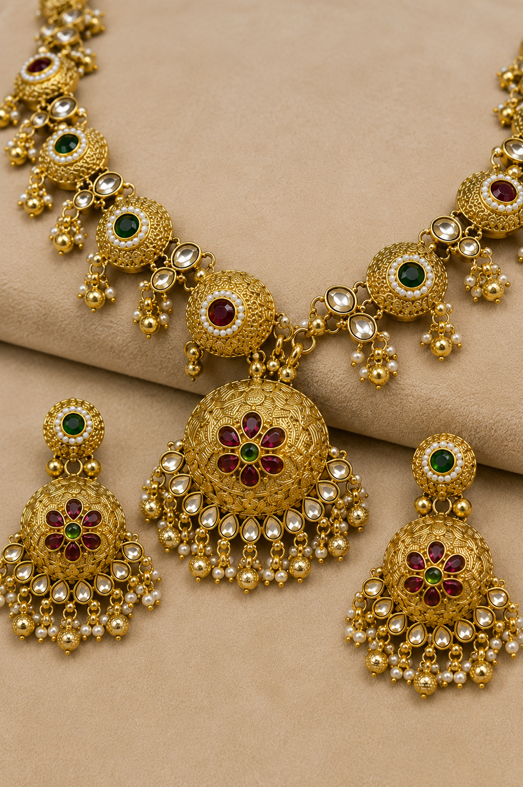 Gold Kundan Necklace Set with Floral Pendant, Ruby & Green Stone Design